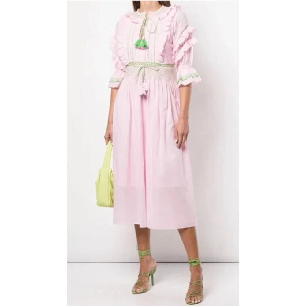 CYNTHIA ROWLEY Sz L Large Pink Green Tassel Daliah Midi Dress Cotton